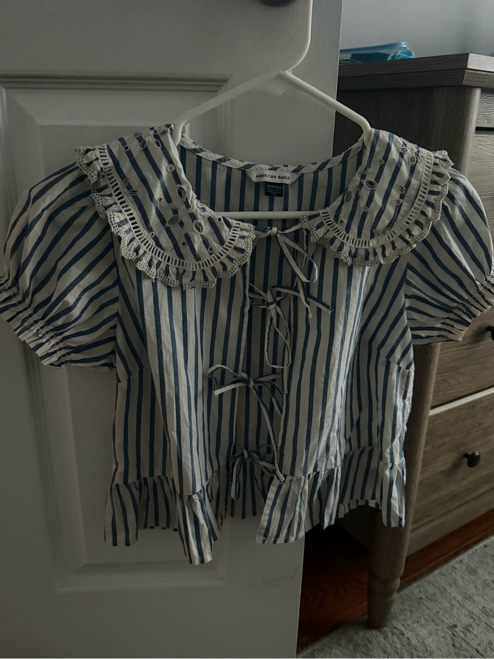 American Eagle Outfitters Blue & White Striped Lace-Collar Peplum Top - Women’s